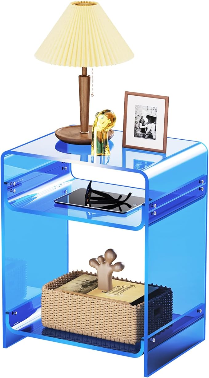 End Table Record Player Table with Storage Shelf Clear Side Table Nightstand, Orange