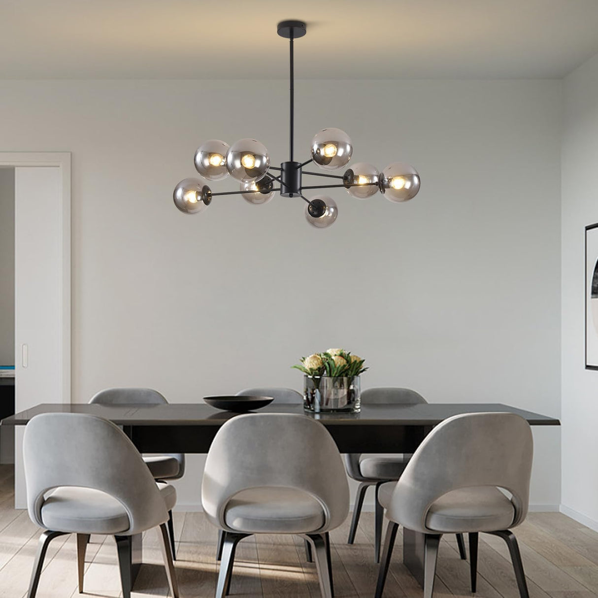 BOKT Mid Century Modern Matte Black Chandelier 8-Lights Globe Glass Ball Chandelier Flush Mount Ceiling Light Industrial Vintage Farmhouse Kitchen Island Pendant Lighting Fixture