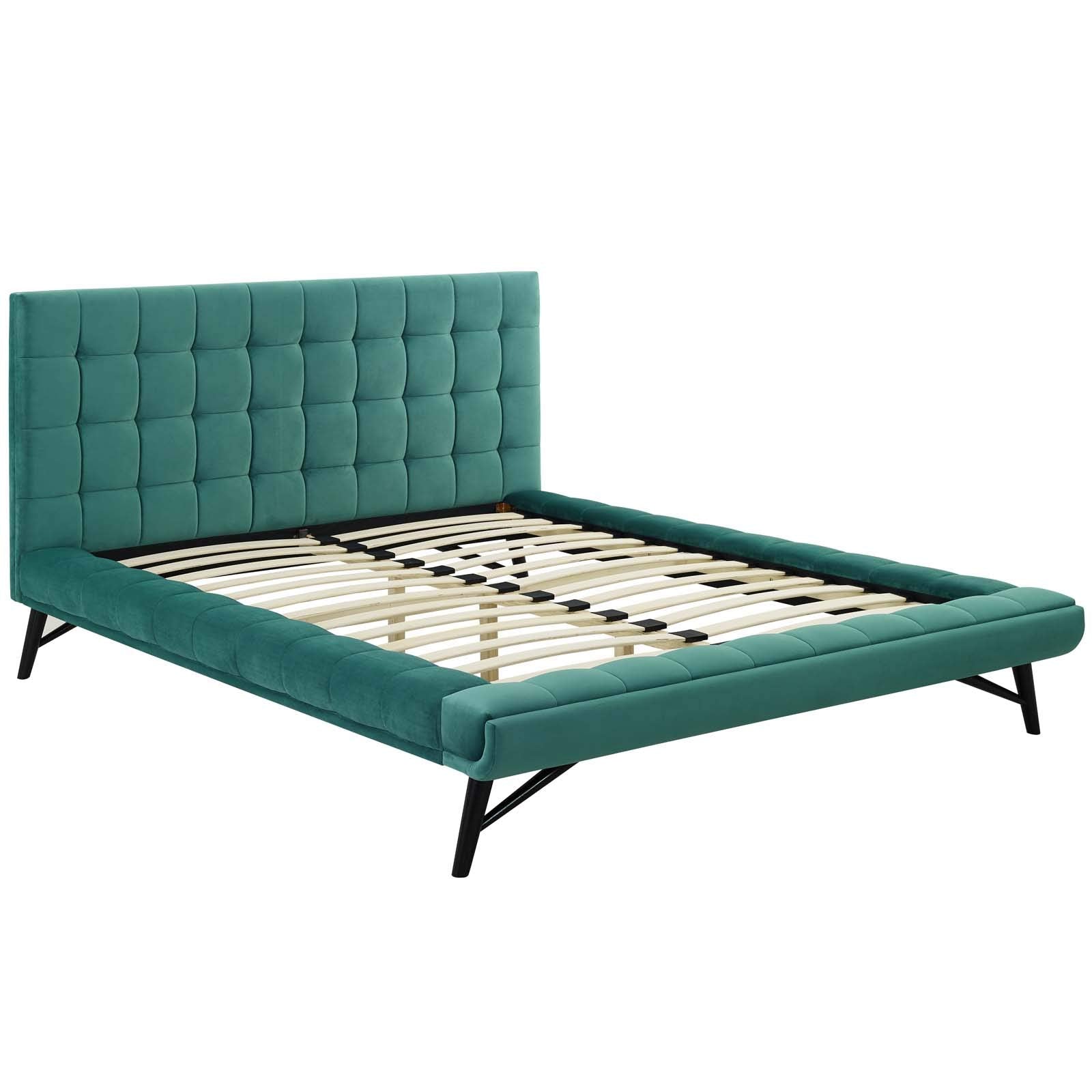 Biscuit Tufted Performance Velvet Queen Platform Bed in Teal