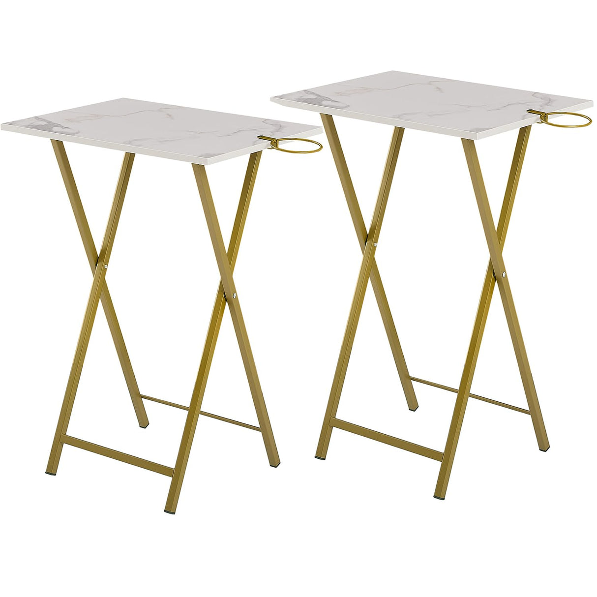 LuxFold 2-Piece Modern Marble Snack Tray Table Set with Cup Holder