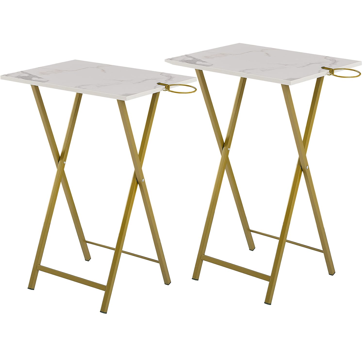 LuxFold 2-Piece Modern Marble Snack Tray Table Set with Cup Holder