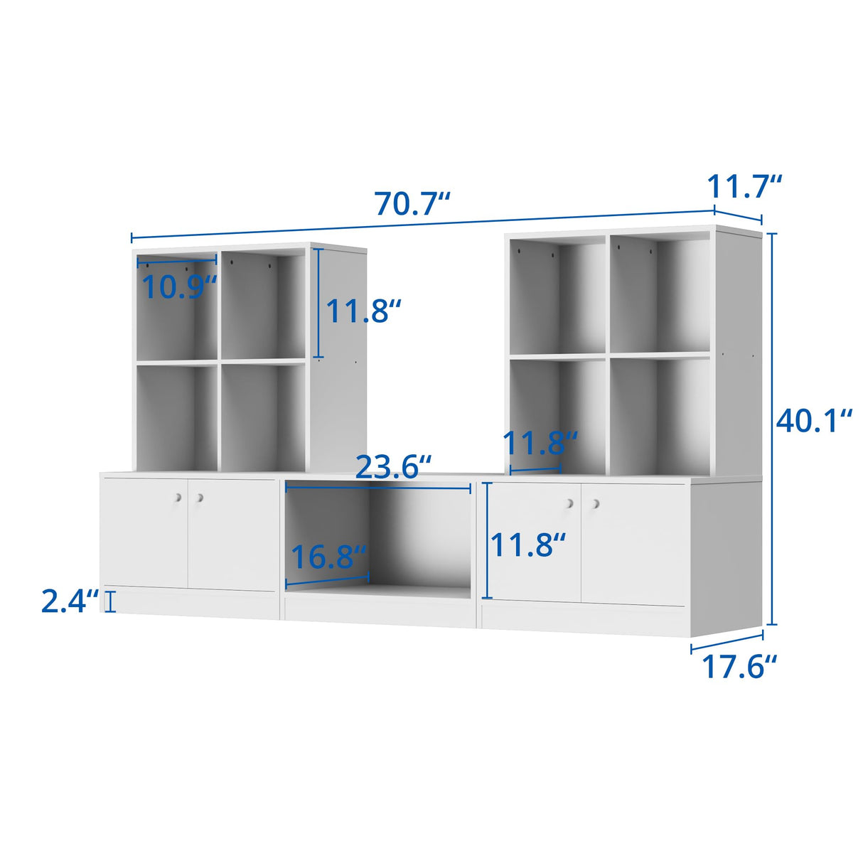 White Bookshelf, 3-Tier Bookcase with 4 Doors and 8 Cubes