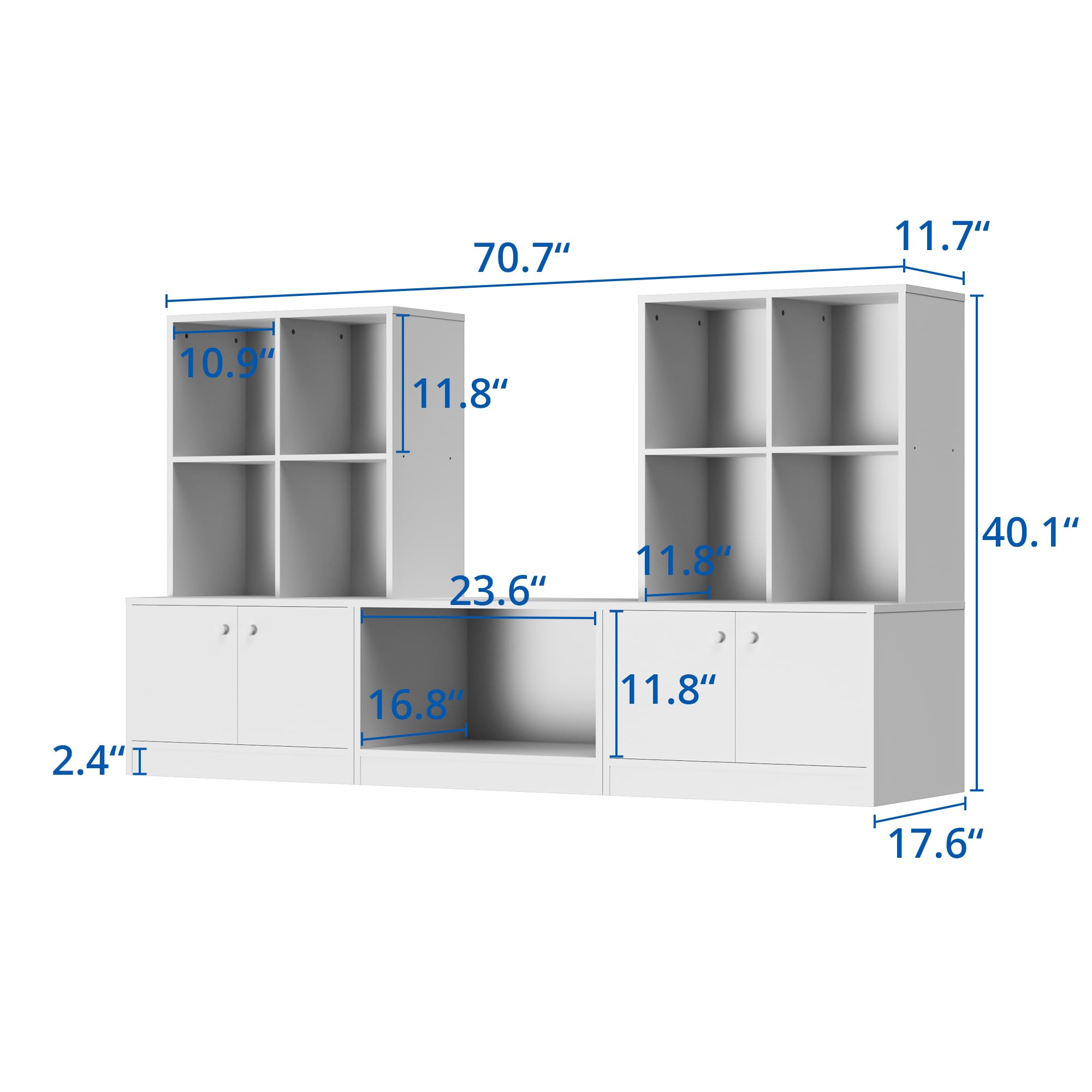White Bookshelf, 3-Tier Bookcase with 4 Doors and 8 Cubes