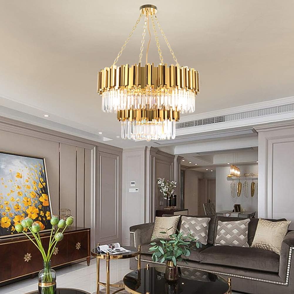 Gold Double Round Crystal Chandelier, Adjustable Golden Ceiling Light 13 Lights Modern