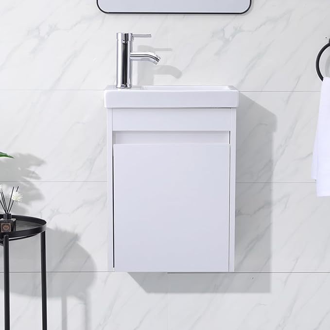 16 Inch Small Bathroom Vanity Combo with Sink, Wall Mounted Bathroom Sink Cabinet