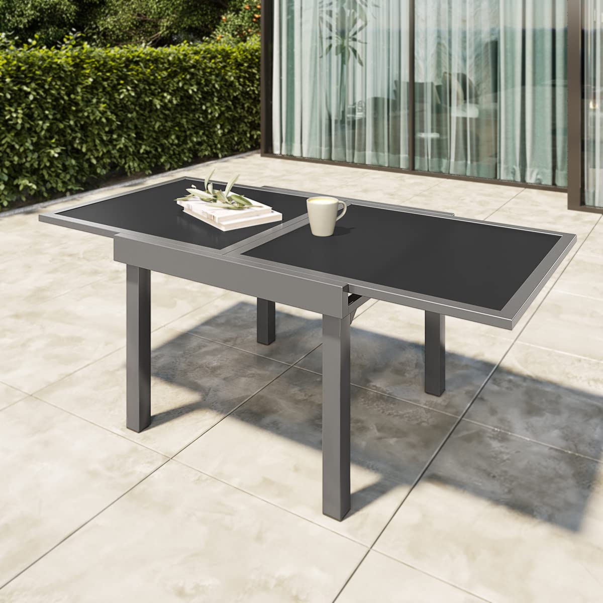 Outdoor Dining Table Glass Top Patio Dining Table, Outdoor Aluminum Extendable Dining Table
