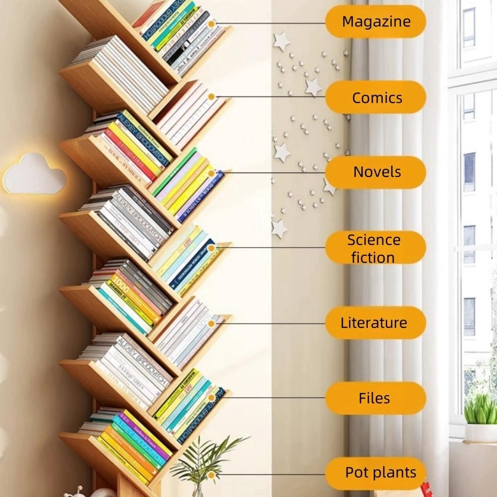 Tree-Shaped Bookshelf, Floor-Standing Bookcase, Book Storage Rack,Modern Tall Narrow Bookshelves Organizer,Can Store CD,Files,Books, Suitable for Bedroom, Living Room, Office(Blue,Small)