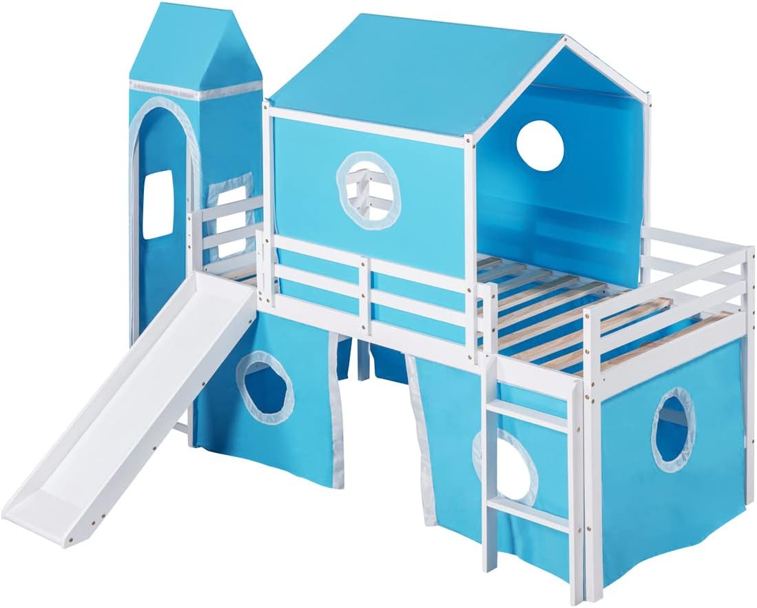 Playhouse Loft Bed,Twin Size House Bunk Bed with Slide Tent and Tower,Solid Wood Bunk Bed Frame with Roof Design and Fence Shaped Guardrails,Castle-Shaped Bunk Bed for Boys Girls,Blue