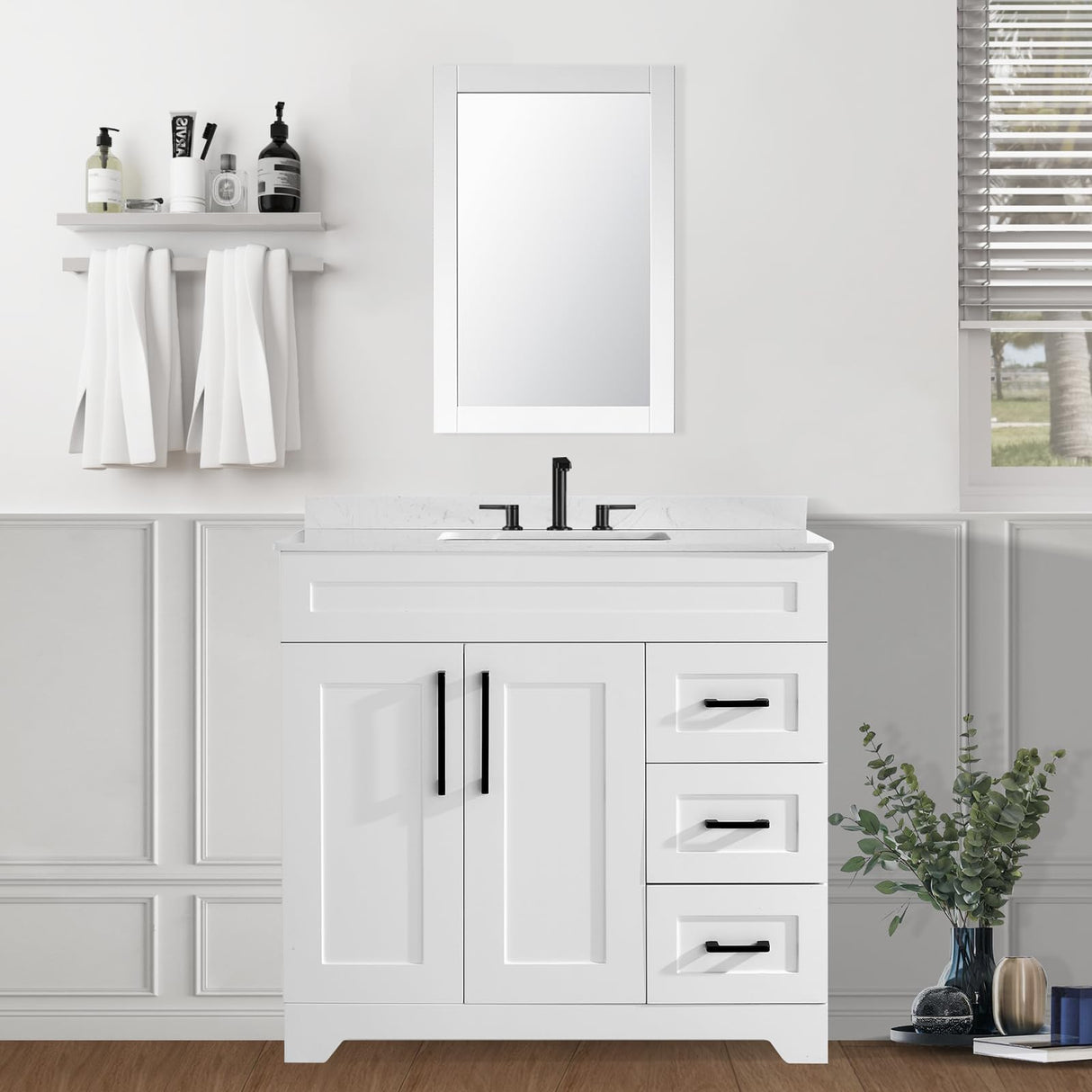 36" Bathroom Vanity with Sink,Engineered Stone Countertop&Undermount Center Rectangular Sink