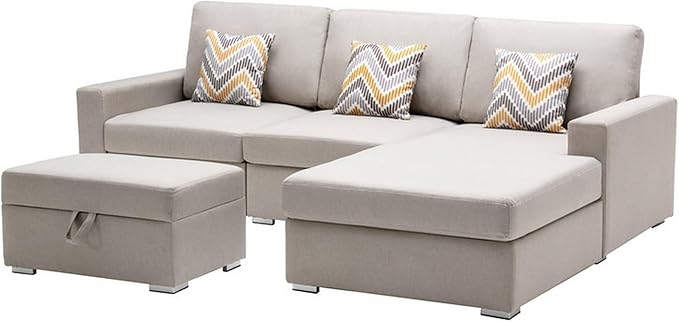 Lini 4 Piece L Shape Sofa, Reversible Chaise, Ottoman, 3 Pillows, Beige
