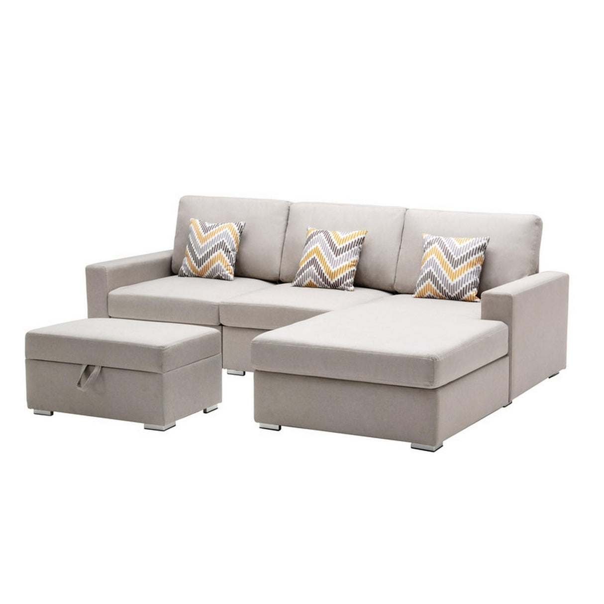 Lini 4 Piece L Shape Sofa, Reversible Chaise, Ottoman, 3 Pillows, Beige