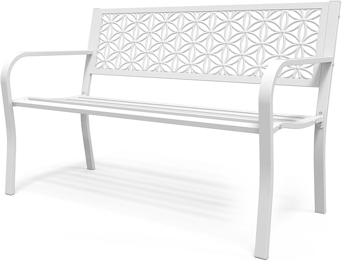 Outdoor Bench Metal with Floral Back, Garden Bench Front Porch Bench for Yard Patio