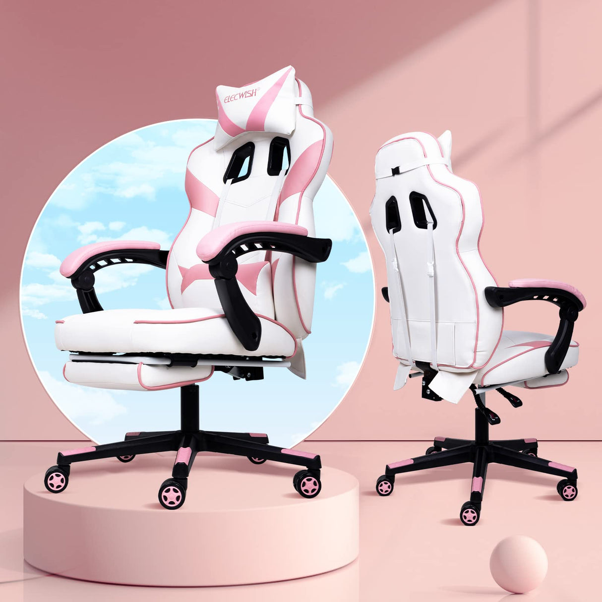 Pink Kawaii Gaming Chair with Lumbar Support