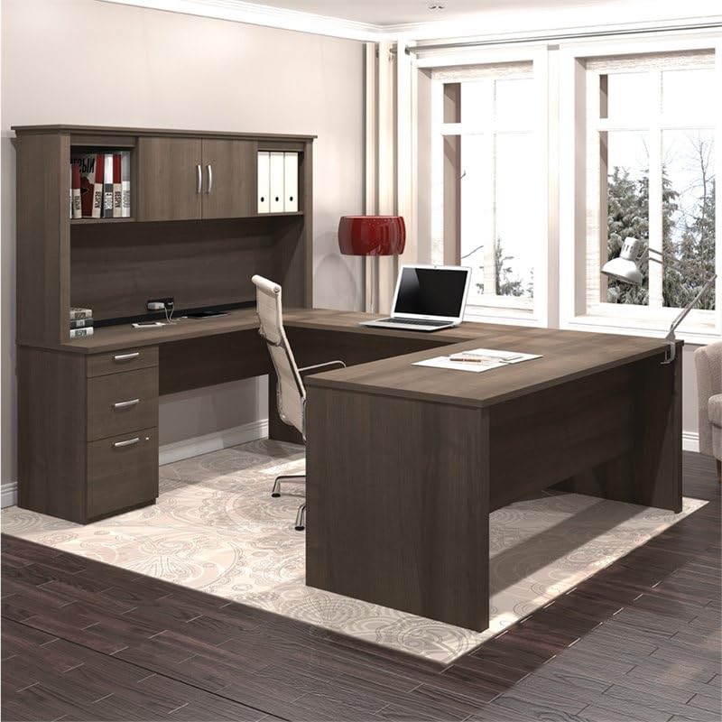 Modern Contemporary U-Shaped Wood Computer Desk with Hutch