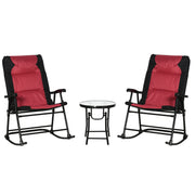 3 Piece Outdoor Patio Furniture Set with Glass Coffee Table & 2 Folding Padded Rocking