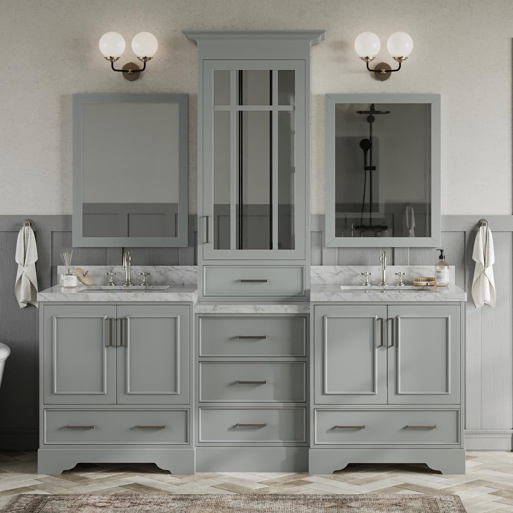 85" Grey Double Vanity with 1.5" Edge Italian Carrara Marble Countertop & Backsplash
