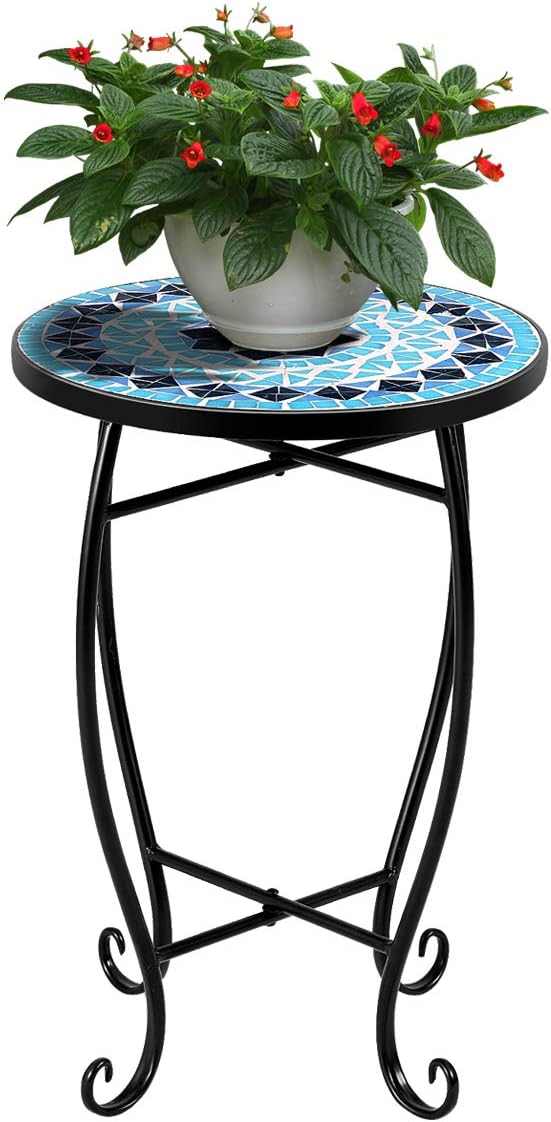 RELAX4LIFE Side Table Outdoor Mosaic Round 14 Inch W/Glass Table Top and Steel Frame for Patio, Lawn, Garden, Balcony and Home Decor Small End Table (Blue) - Bircata