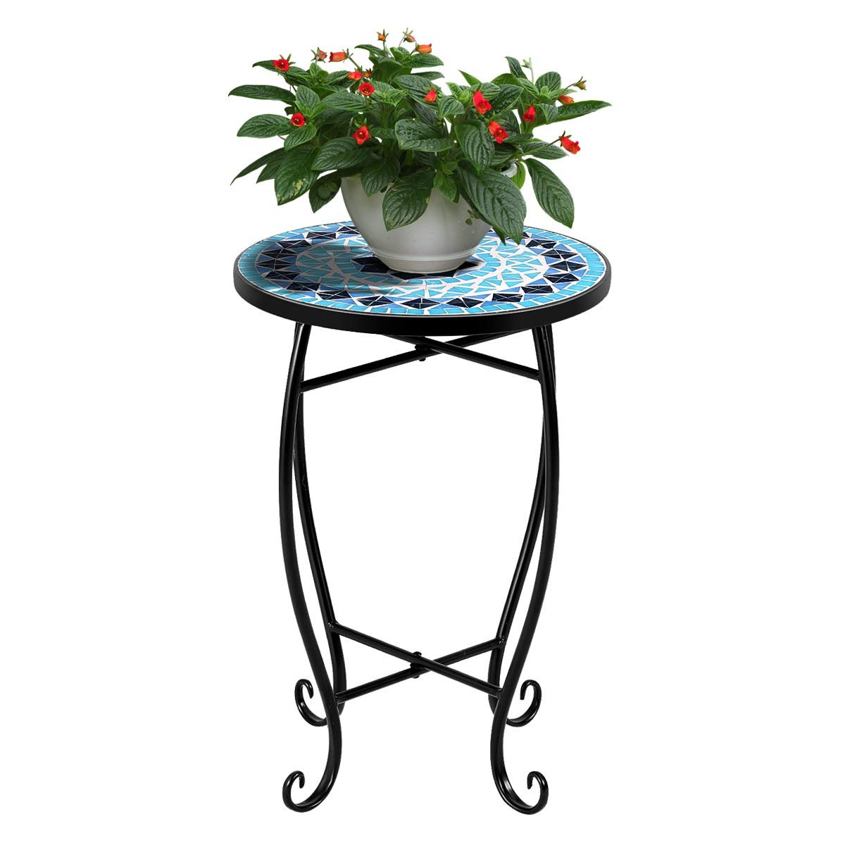 RELAX4LIFE Side Table Outdoor Mosaic Round 14 Inch W/Glass Table Top and Steel Frame for Patio, Lawn, Garden, Balcony and Home Decor Small End Table (Blue) - Bircata