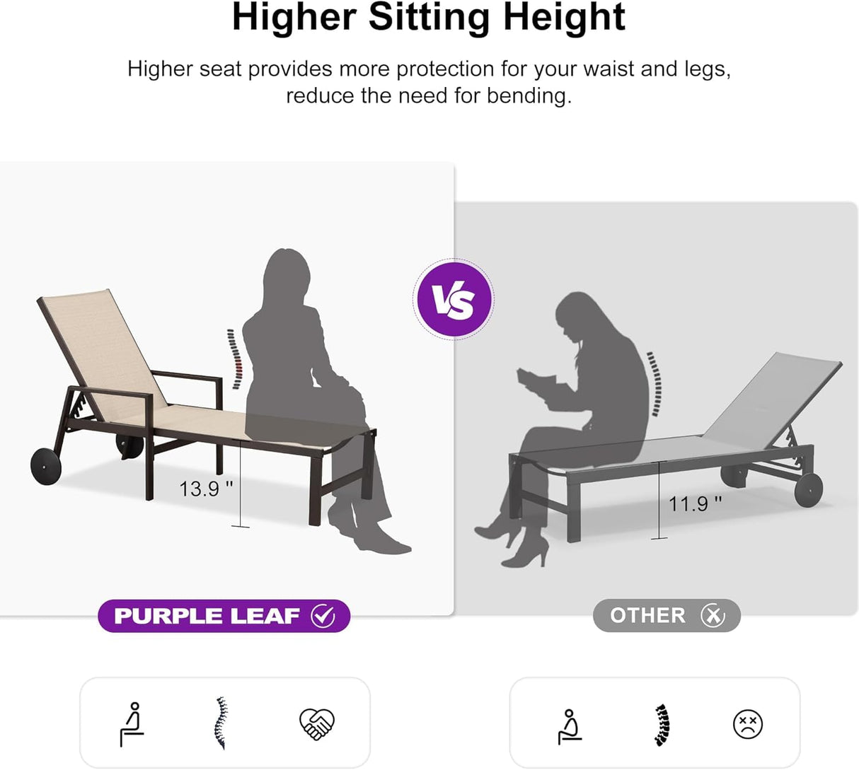 PURPLE LEAF Pool Lounge Chairs Set of 3 Aluminum Outdoor Lounge Chairs with Wheels and Armrests Adjustable Patio for Deck Outside Lawn Garden, Cream