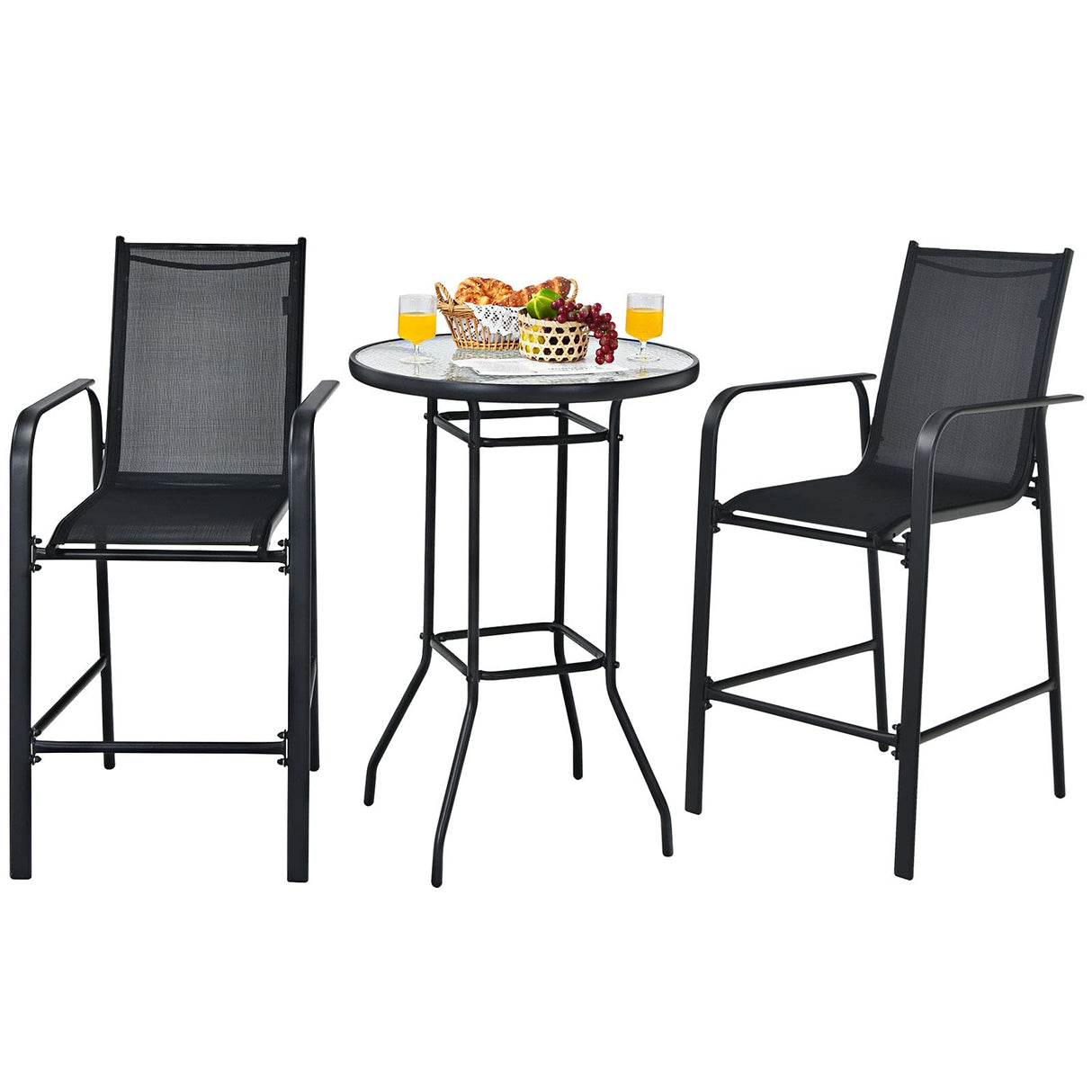 3-Piece Patio Bar Set Outdoor High Top Bistro Set with 2 Bar Stools and 1 Tempered Glass Top Table