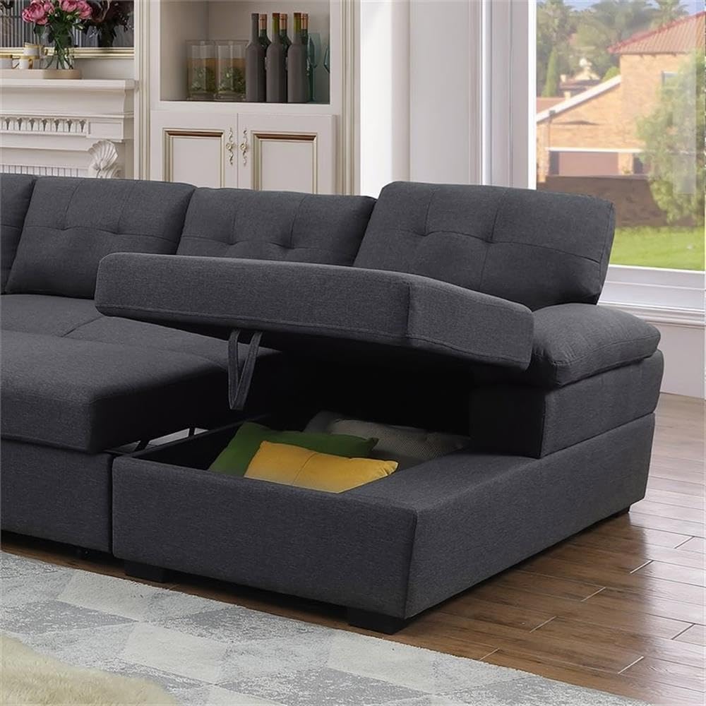 5-Seat Fabric Sleeper Sectional Sofa with Storage in Dark Gray