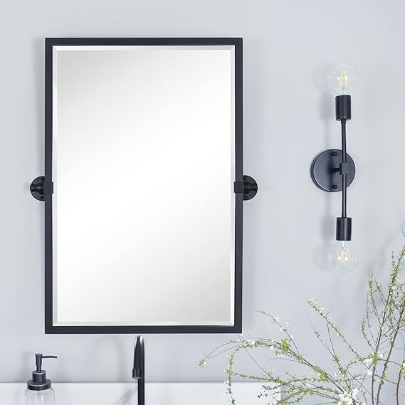 ' Black Metal Framed Pivot Rectangle Bathroom Mirror Tilting Beveled Vanity