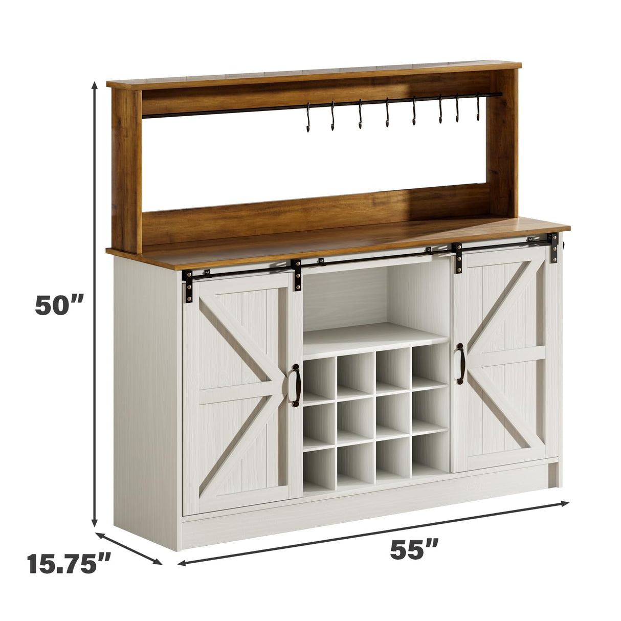 Farmhouse Coffee Bar Cabinet with 8 Hooks, 55ā Kitchen Hutch Cabinet with Storage
