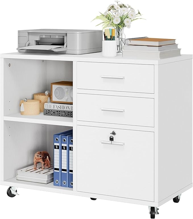 Wood File Cabinet, 3 Drawer Mobile Lateral Filing Cabinet, Storage Cabinet Printer Stand