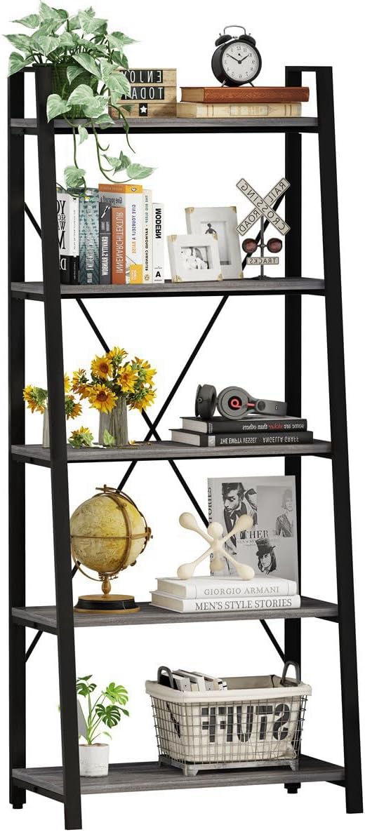 Ladder Shelf Bookcase, 5-Tier Industrial Ladder Bookshelf, Tall Living Room Shelves