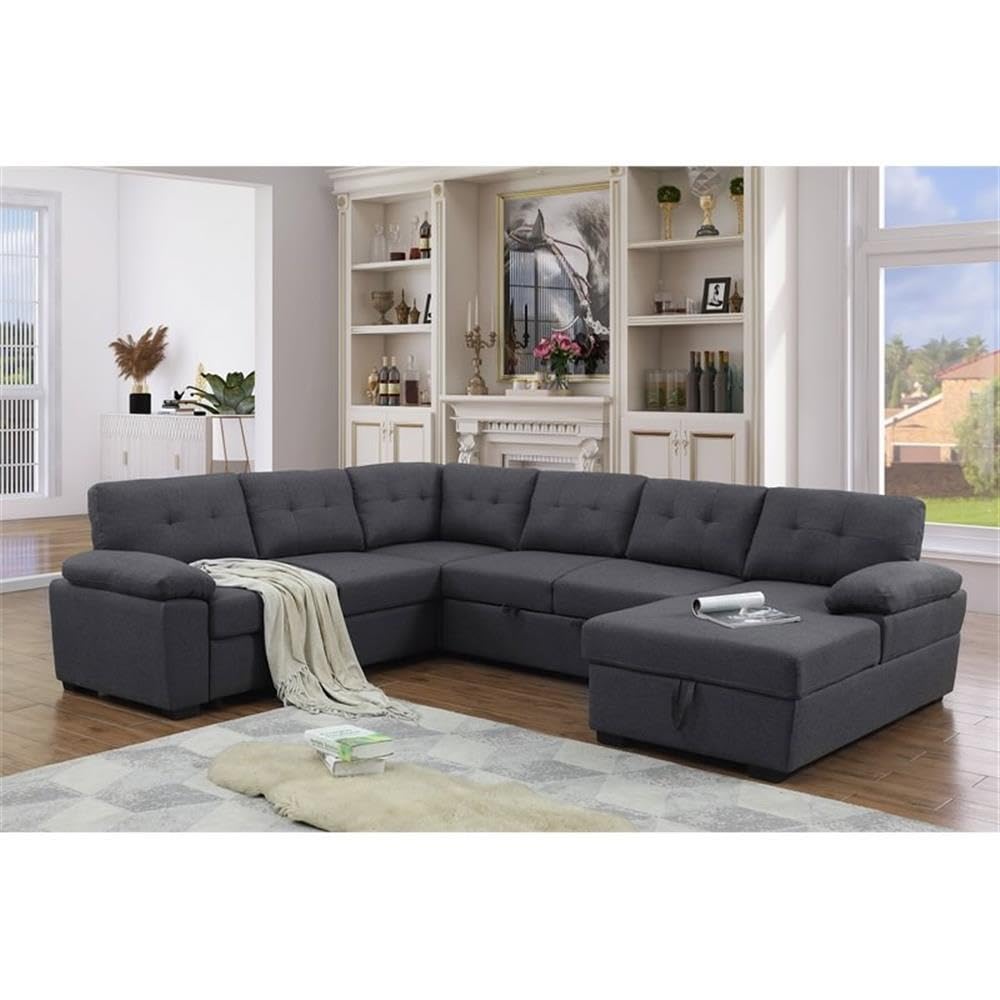 5-Seat Fabric Sleeper Sectional Sofa with Storage in Dark Gray
