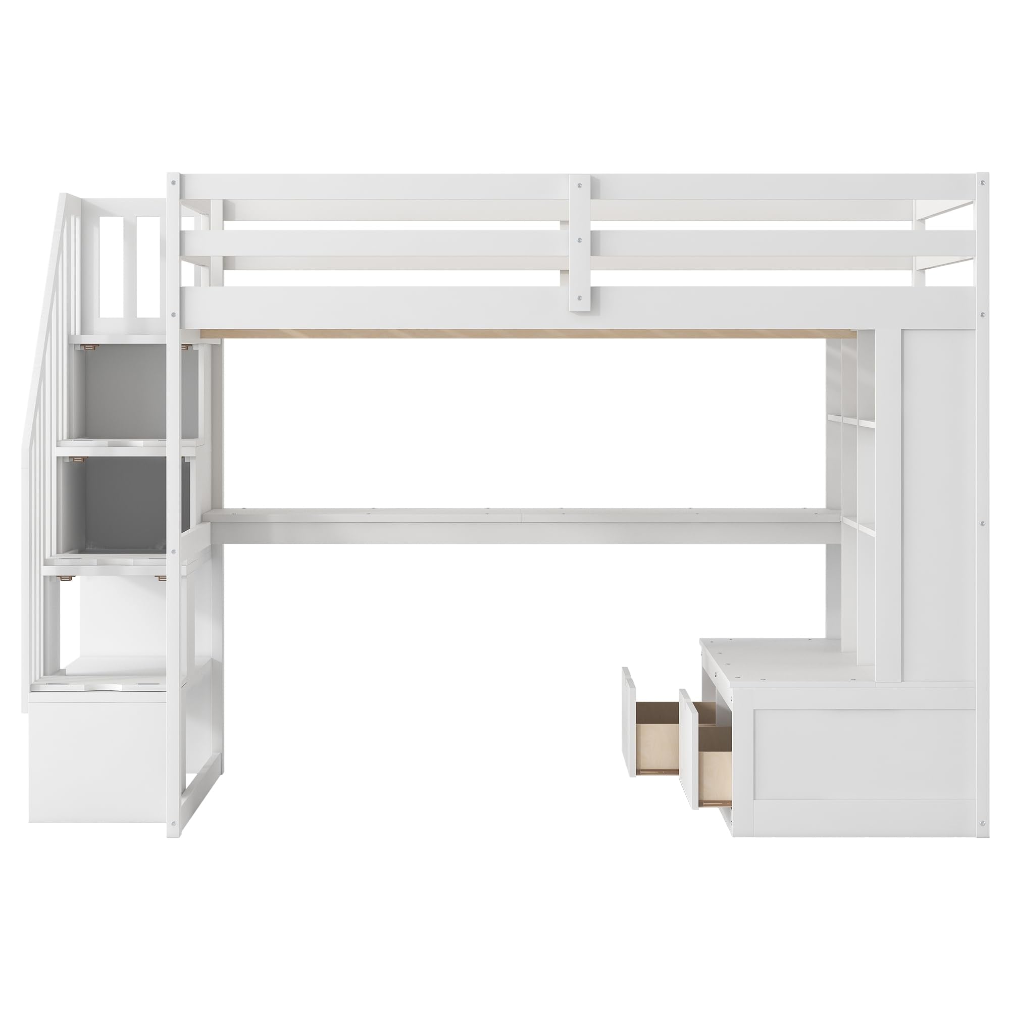 Size Loft Bed with Desk and Storage Stairs, Wood Loft Bed Full with Shelves & 2 Storage