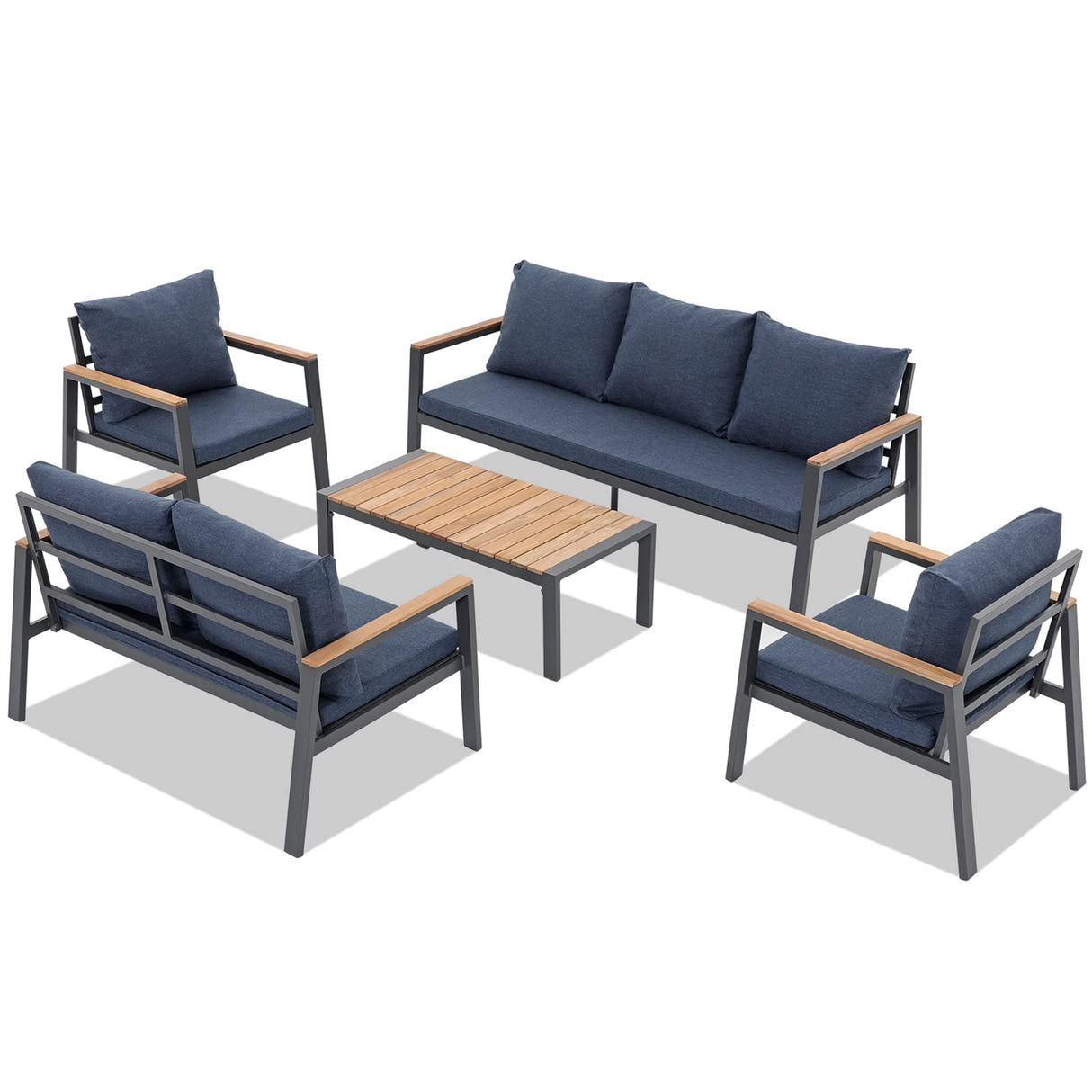 Aluminum Patio Furniture Set 5 Pieces Outdoor Conversation Set with Teak Coffee Table