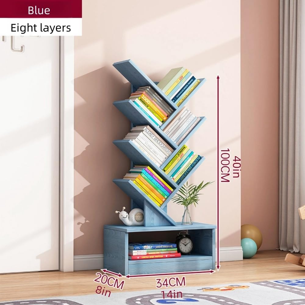 Tree-Shaped Bookshelf, Floor-Standing Bookcase, Book Storage Rack,Modern Tall Narrow Bookshelves Organizer,Can Store CD,Files,Books, Suitable for Bedroom, Living Room, Office(Blue,Small)