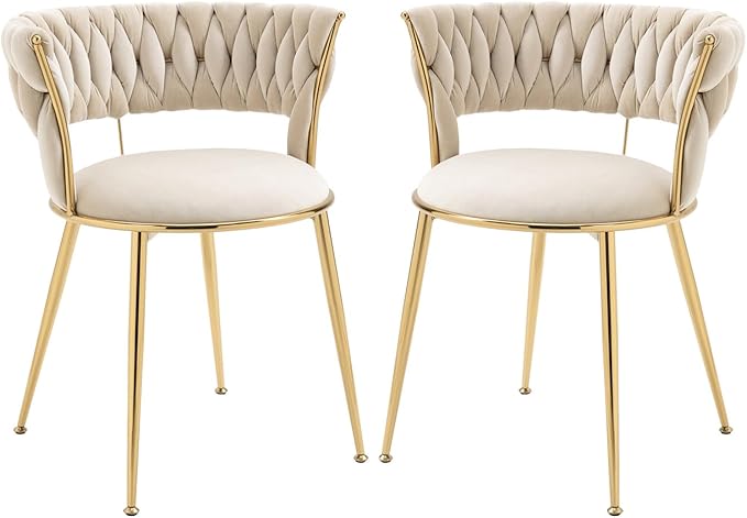 Dining Chair Set of 2, Velvet Woven Upholstered Dining Chair with Gold Metal Legs,