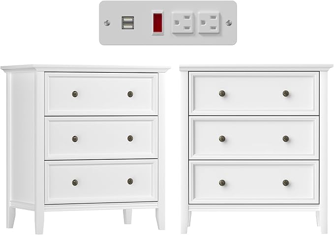 White Nightstand with 3 Drawers and Charging Station, Solid Wood Nightstand