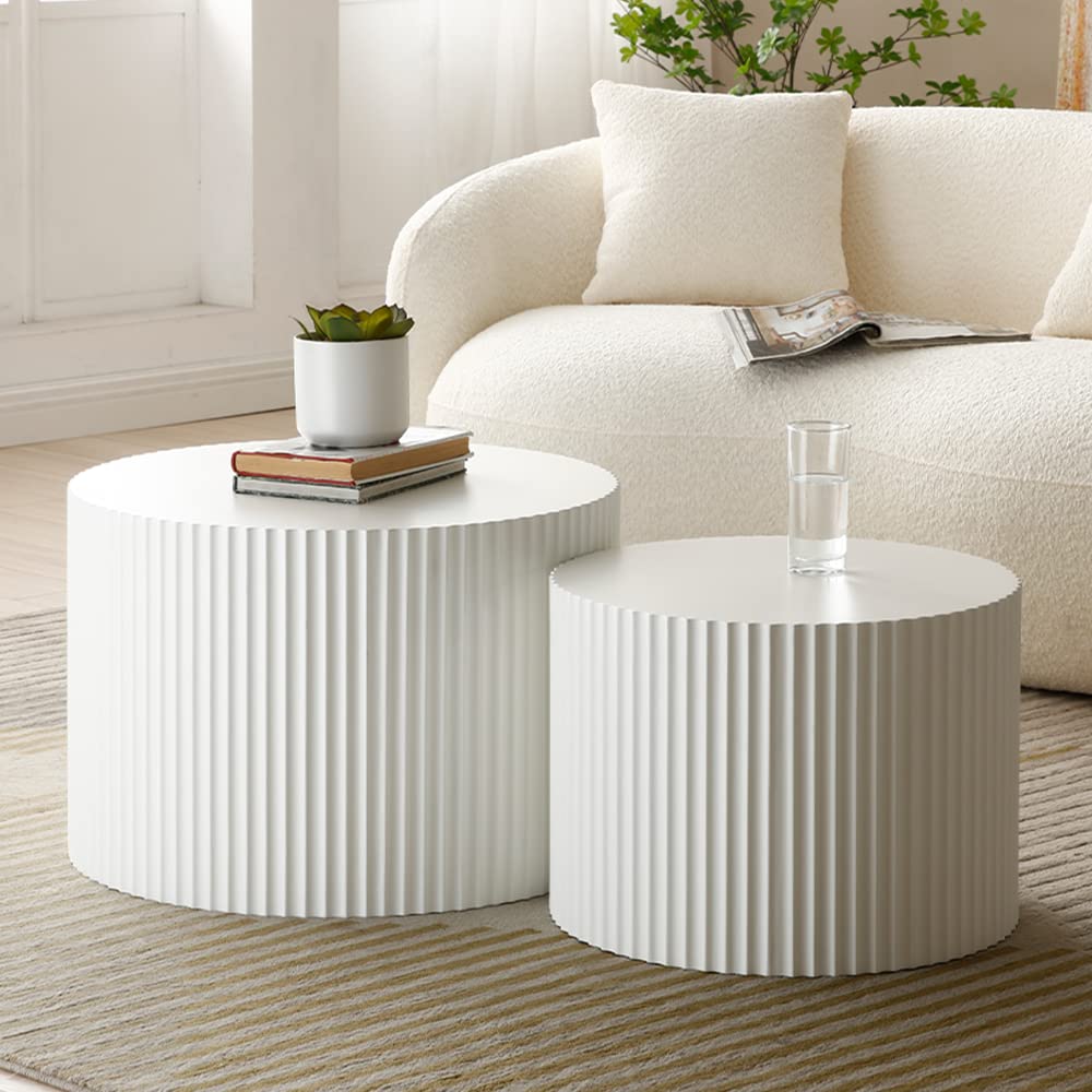White Round Coffee Table Set of 2, Nesting Coffee Tables for Living Room