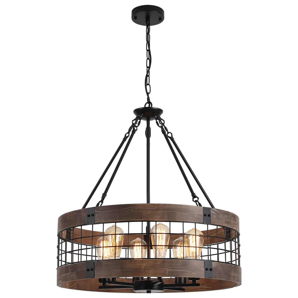 LamQee 24 Inch Farmhouse Dining Room Light Fixture, 6 Lights Modern Farmhouse Chandelier with Wood and Black Metal Shade, Large Rustic Chandeliers Hanging Pendant Lighting for Kitchen Entryway Foyer