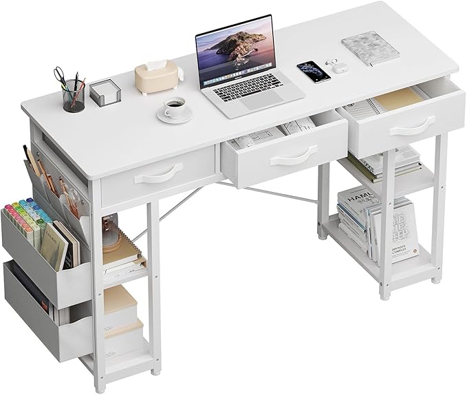 47" White Computer Desk with Fabric Drawers & Storage Shelves, Small Office Desk