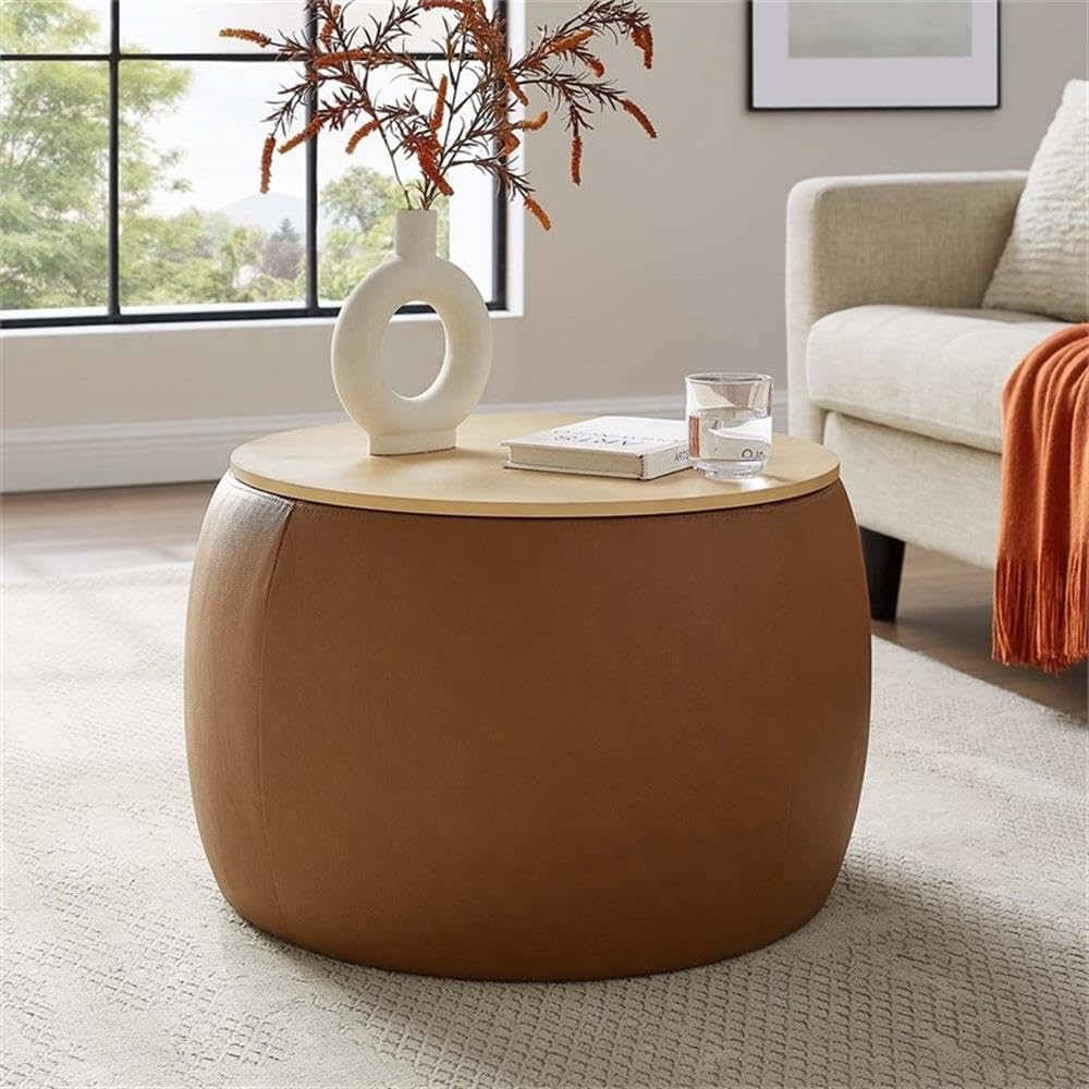 26 Inch Round Storage Ottoman with Tray Lid in Tan - Vegan Leather Ottoman - Versatile