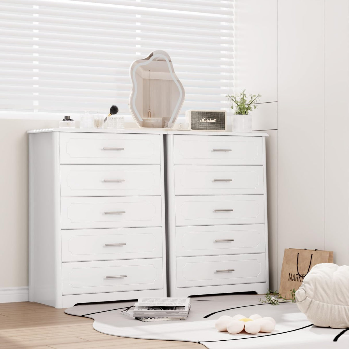 5 Drawer Dresser, Tall White Dresser Chest of Drawers, Modern Storage Cabinet