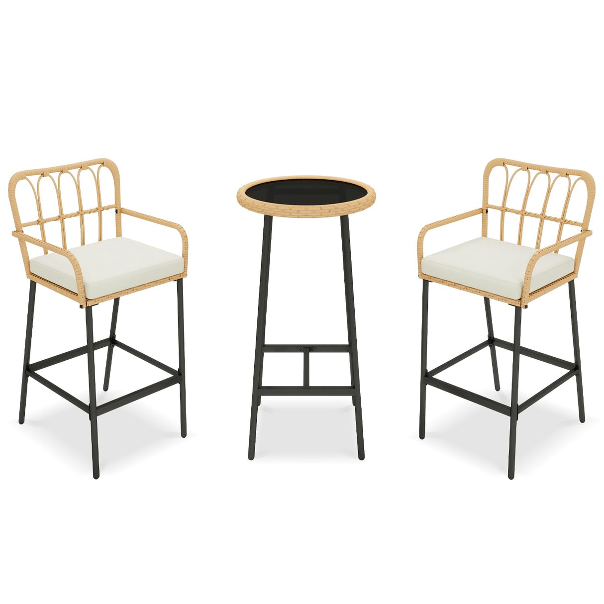 Vikiullf 3 Pieces Patio Bar Table Set, Outdoor Wicker Bar, All Weather Height Bar Stools and Table Set, for Garden, Deck, Balcony