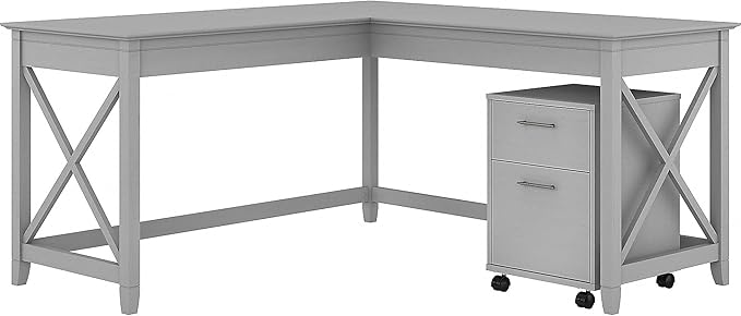 Key West 60W L Shaped Desk with 2 Drawer Mobile File Cabinet in Washed Gray