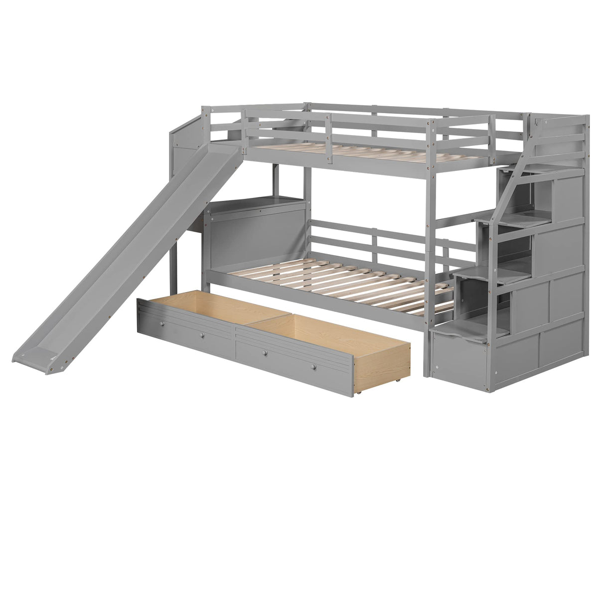 Wooden Bunk Bed with Desk, Twin Over Twin Bed Frame