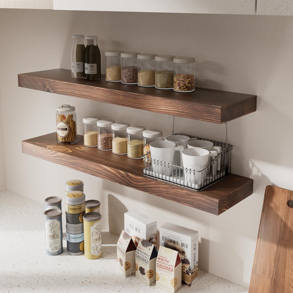 Floating Shelves Set of 2, Natural Pine Wood Shelf for Bathroom Bedroom Kitchen