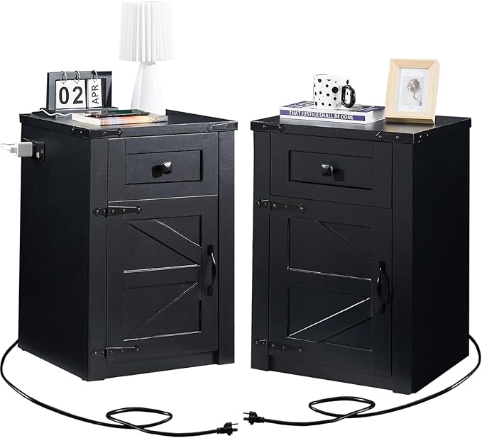 Set of 2, Nightstand with Charging Station