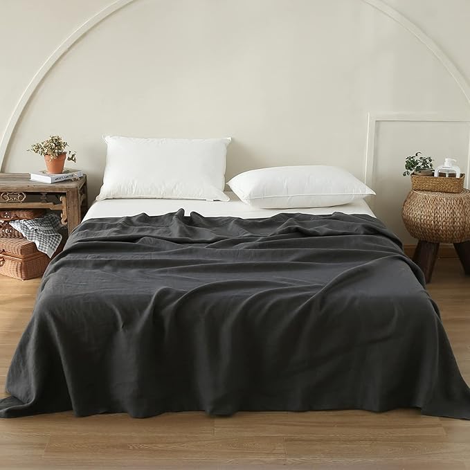French Linen Flat Sheet with Embroidered Border-100% Stone Washed Flax Bedding,