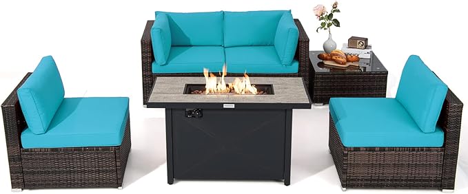 6 Pieces PE Rattan Wicker Sectional Sofa with 42" 60,000 BTU Gas Fire Pit Table