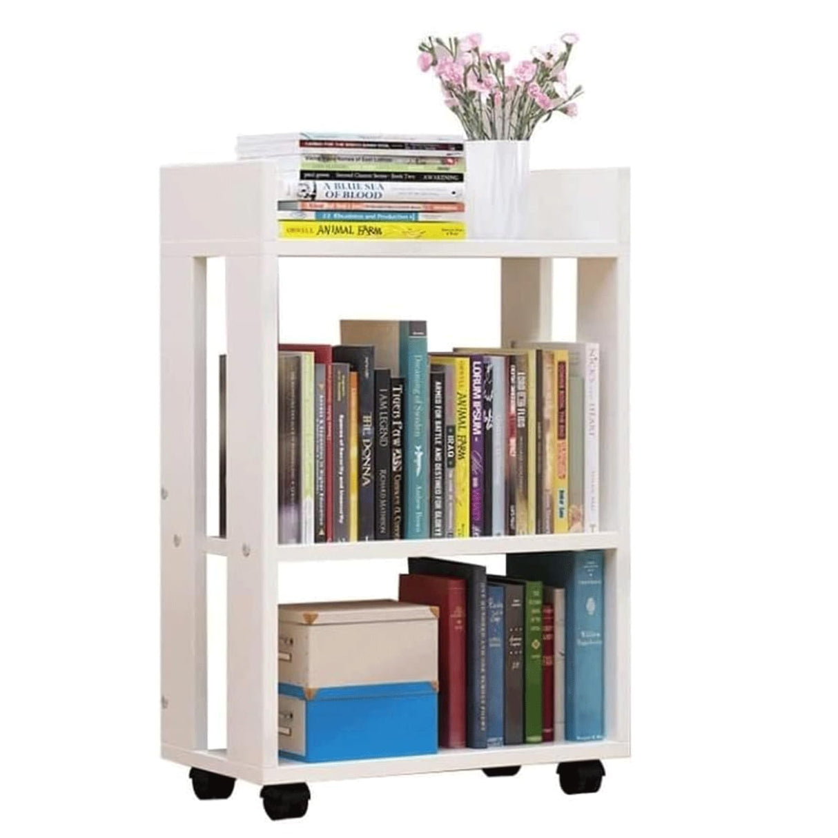 Flexible Bookcases 2 Tiers Bookshelf with Wheels Rolling Bookcase Simple Large Capacity Bookshelves Living Room Bedroom Family Book Rack Perfect Furniture