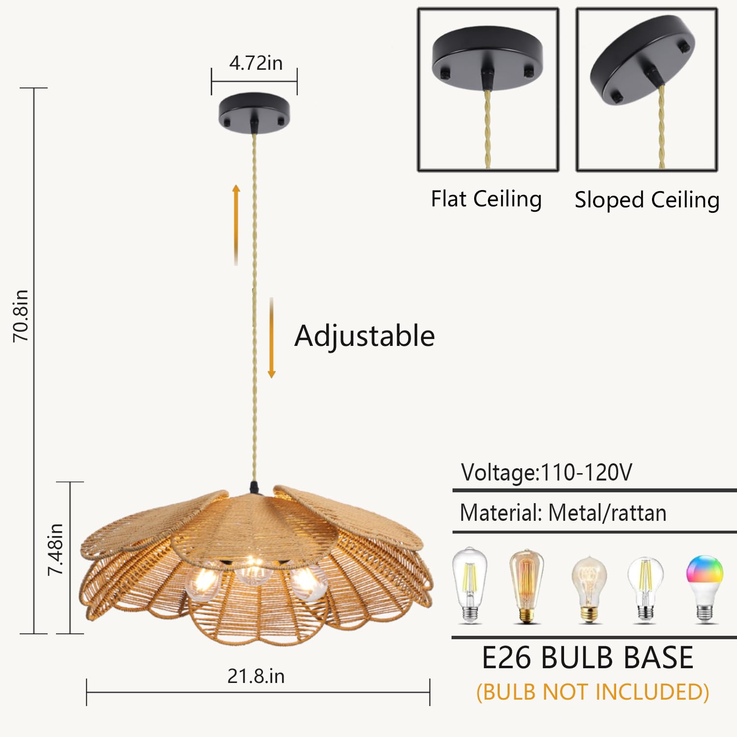 WYYSDWNE 3 Light Rattan Chandelier, 21.8 in Boho Chandelier Light Fixture, Hand Woven Wicker Pendant Light for Dining Room, Living Room, Hallway, Kitchen