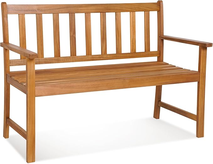 Outdoor Acacia Wood Bench, 2-Person Garden Bench with Backrest and Armrests